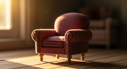 Miniature plush chair bathed in golden sunlight with dust particles dancing