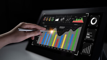 A business data analysis and performance monitoring dashboard. A collection of charts and graphs for strategic review and company evaluation. Motif