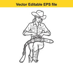Line art illustration of a cowgirl sitting and working on a decorative belt, isolated on