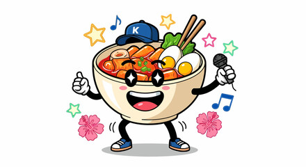 Animated bowl of food singing with a microphone and wearing a hat.