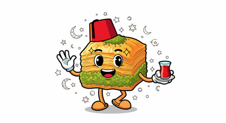 Cartoon baklava character wearing fez holding tea cup waving hand.