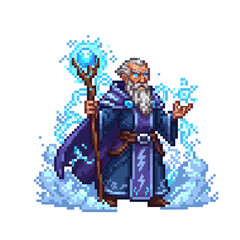 pixel art stormcaller sage emitting soothing blue healing lightning