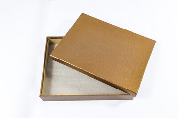 Open gift present golden box paper cardboard on white background