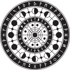 A striking black silhouette magic circle featuring intricate runic engravings and geometric celestial symbols
