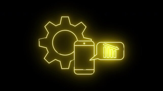 Neon outline gear phone and falling chart in a speech bubble all against a black background