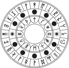 A striking black silhouette magic circle featuring intricate runic engravings and geometric celestial symbols