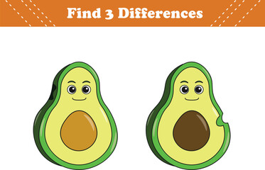 Education game for children find three differences between two fruits cartoon. Vector illustration