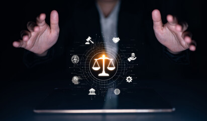 Futuristic digital law interface displaying justice scale, highlighting digital law, AI compliance, digital law systems, and digital law regulations for secure governance. Spline