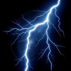 Realistic Electric Blue Lightning Bolt Strike Isolated on Absolute Pure Black Background for Overlay Compositing
