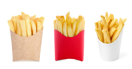 Tasty French fries in paper takeout containers isolated on white, set