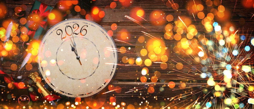Happy New Year 2026 card with clock bokeh lights and fireworks on wooden background