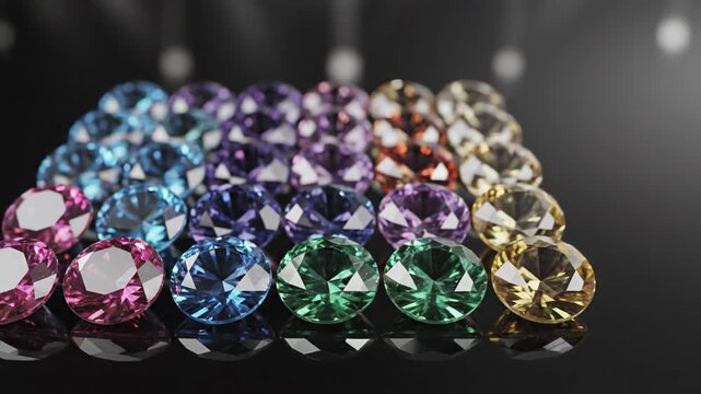 Colorful Gemstones Displayed in Rows with Brilliant Facets and Reflections.