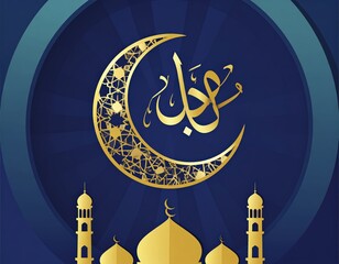 Elegant Islamic design featuring golden crescent moon mosque silhouettes and beautiful calligraphy