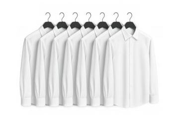 White shirts hanging on black hangers, showing multiple identical garments in a neat, orderly row, transparent background
