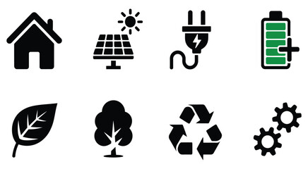eco-friendly energy and sustainability icons set in minimalist glyph style including renewable resource pictograms for clean energy systems, perfect for ECO business marketing, environmental awareness