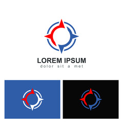 Abstract circular logo symbolizing direction, with red and blue arrows pointing outwards, set against diverse backgrounds, suitable for brand recognition or corporate designs