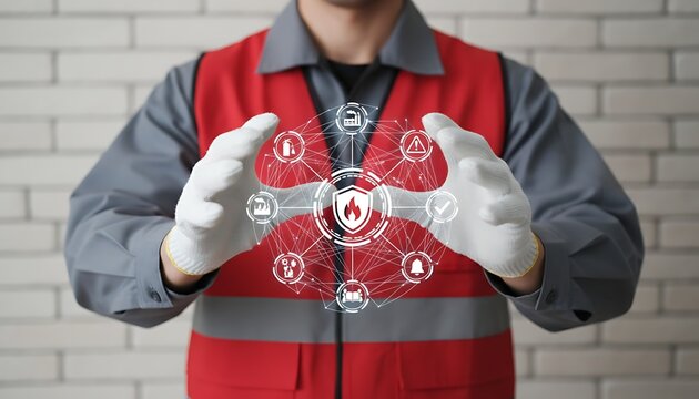 Industrial Smart Automatic Fire Control Extinguisher System. Industry engineer using virtual touchscreen pressing shield fire flame button. Modern Fires Protection Mind police officer in uniform