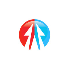 Dual-Directional Synergy: A Modern Symbol of Growth and Collaboration Represented by Intertwined Arrows Ascending Within a Vibrant Red and Blue Circular Design on White Background
