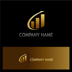 Stylish Gold Business Logo Template with Ascending Graph and Arrow: A Modern Symbol of Success, Development, and Financial Growth on an Elegant Black and Gold Background