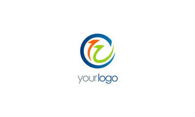 Dynamic circle logo design featuring upward curving arrows in vibrant green and orange hues contained within a blue ring emblem set against a clean white backdrop illustration