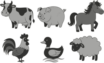 Fototapeta premium Cute hand-drawn farm animals set including cow, pig, horse, rooster, duck, and sheep in playful cartoon style, ideal for children's books, educational materials, and rural lifestyle designs.