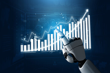 A futuristic robotic hand interacts with a digital graph, showcasing data visualization trends and metrics for business growth and technological innovation. Impute