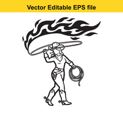 Cowgirl with lasso and flames, isolated on