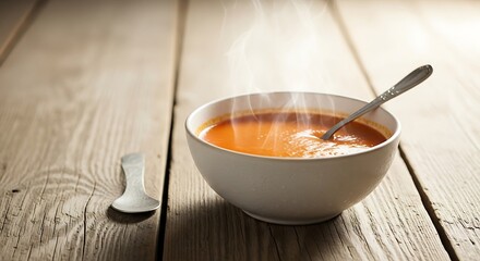 Steaming bowl of tomato soup on a rustic wooden plank surface