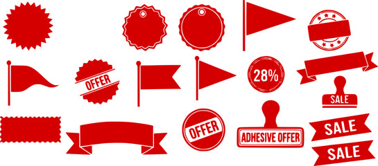Red promo starburst sticker, tag and price labels set with crayon texture. Flags and stamps perfect for text callouts, template stickers. Adhesive offer stamps, sale banners and ribbons, coupon design