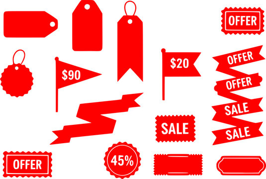 Red promo starburst sticker, tag and price labels set with crayon texture. Flags and stamps perfect for text callouts, template stickers. Adhesive offer stamps, sale banners and ribbons, coupon design
