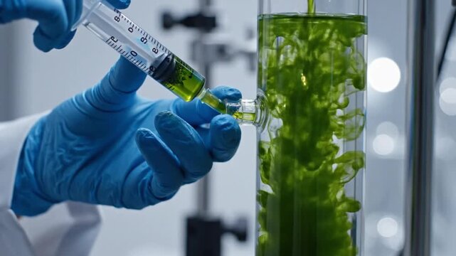 Experimenting with algae growth laboratory scientific research controlled environment close-up view biotechnology innovations