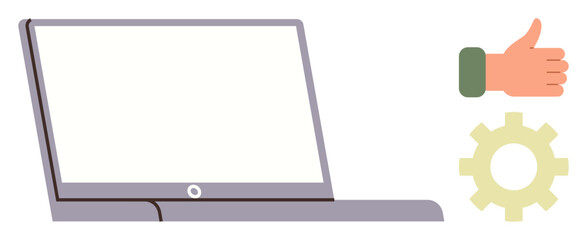 Open laptop with blank screen alongside a thumbs-up and gear icon. Ideal for themes of technology, approval, productivity, development, teamwork, optimization, success. Simple flat metaphor