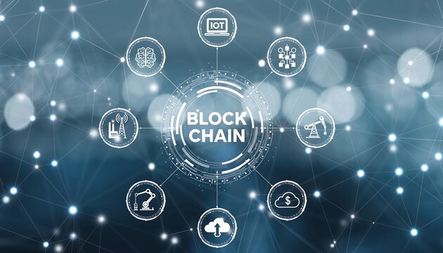 Blockchain Industrial Strategy Concept. Block Chain Industry 4.0 Technology. Worker touched blockchain microchip (circuit) icon on virtual screen. IT structure integration in manufacture new