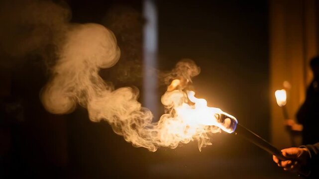 Close up of a handheld torch burning brightly with smoke in the dark night.