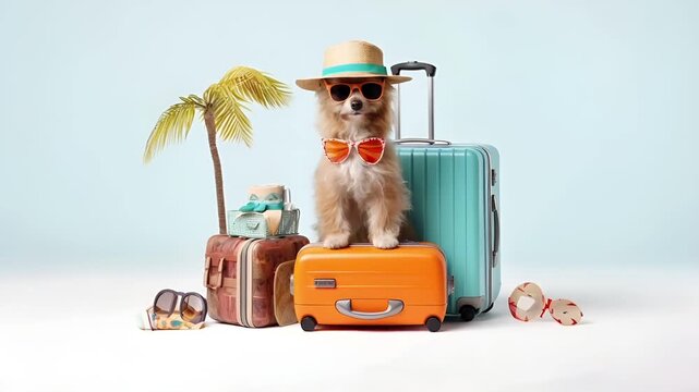 Pomeranian dog with sun hat and sunglasses on turquoise suitcasePomeranian dog with sunglasses and orange suitcasesPomerania dog with orange suitcase and hat, wearing sunglasses and a hat.