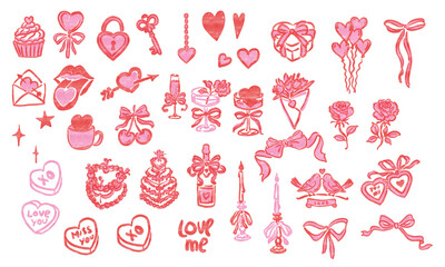 Valentine's Day Icon Set, Hand Drawn Red Love Elements, Romantic Vintage Clipart for Cards, Stickers, Invitations, Printables