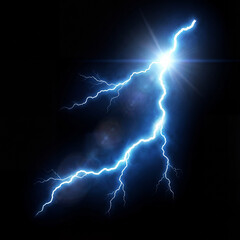 Realistic Electric Blue Lightning Bolt Strike Isolated on Absolute Pure Black Background for Overlay Compositing