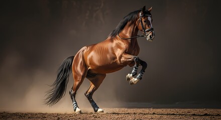 A majestic brown horse rears on its hind legs, kicking up dust in a dramatic pose against a dark, earthy background, showcasing its power and grace.