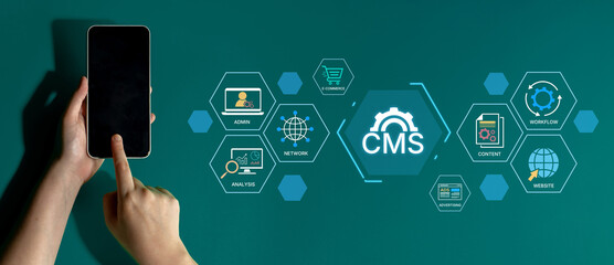 Concept of a Content Management System (CMS). A platform for website administration, digital content creation, workflow management, and e-commerce integration. Fermion
