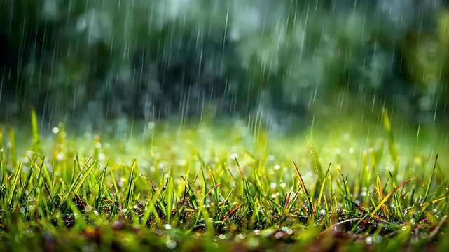 Refreshing rain falling on vibrant green grass close-up scene.