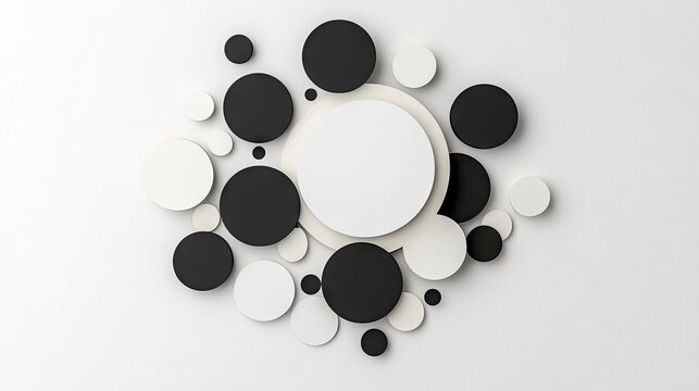 A collection of overlapping black and white circles of various sizes arranged in a cluster on a plain white background. The composition is abstract and minimali