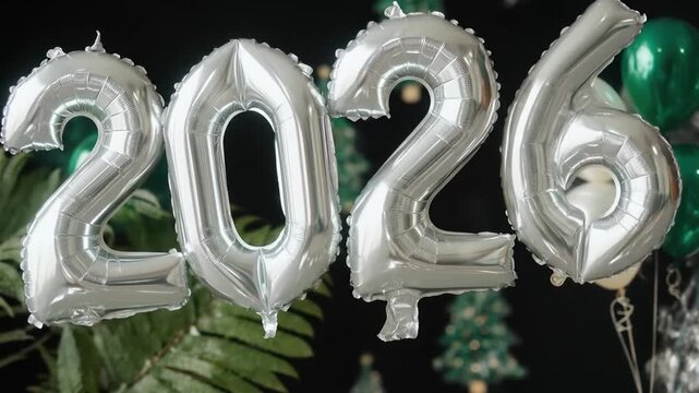 Festive 2026 New Year Celebration with Silver Balloons and Green Decorations