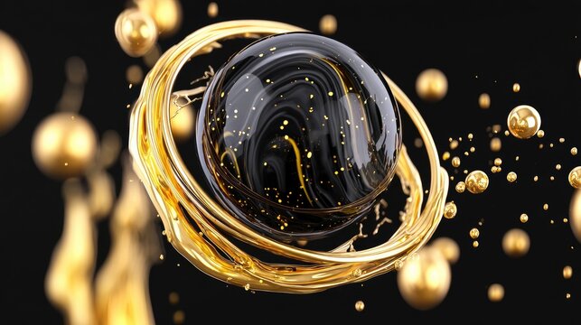 A central black sphere with golden swirls and speckles is surrounded by a golden liquid ring. Numerous golden spheres of various sizes float around it against a