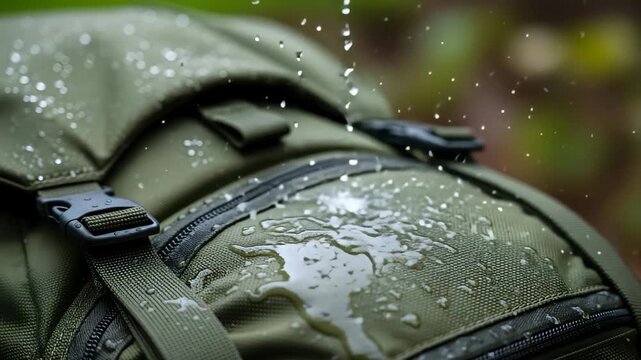 Close up of water droplets on a green waterproof hiking backpack material