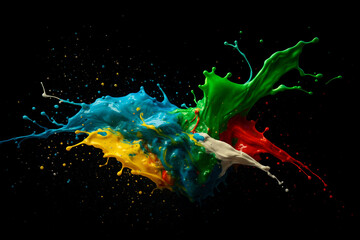 AI generated high speed splash of blue yellow green red and white paint bursting dynamically on a dark background expressing creativity energy impact and vibrant artistic motion