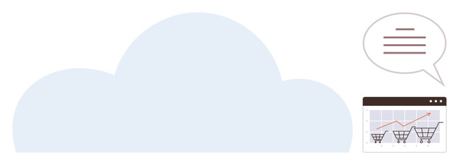 Cloud graphic with shopping cart growth chart in browser and speech bubble text. Ideal for cloud computing, e-commerce, analytics, data insight, online shopping, business strategy, technology. Simple