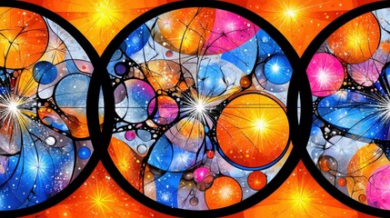A vibrant and abstract stained glass pattern featuring overlapping circles and starbursts in a kaleidoscope of colors including orange, blue, pink, and yellow,