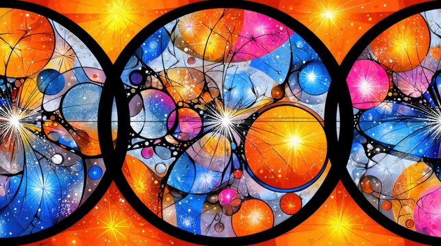 A vibrant and abstract stained glass pattern featuring overlapping circles and starbursts in a kaleidoscope of colors including orange, blue, pink, and yellow,
