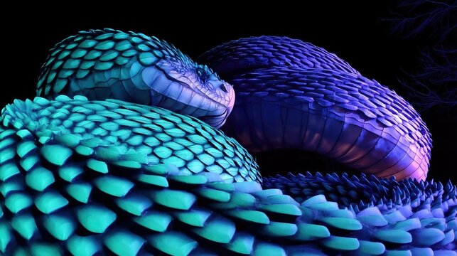 A highly detailed, coiled snake with iridescent scales in shades of neon blue and purple, illuminated by dramatic lighting against a black background. The focus
