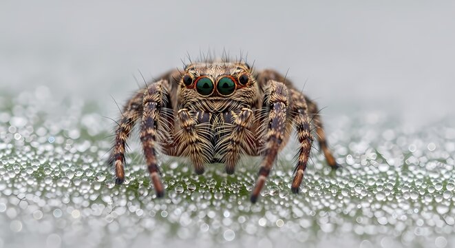 Macro shot of a tiny jumping spider with striking green eyes on a dew-covered leaf, showcasing intricate details and texture. - Powered by Adobe